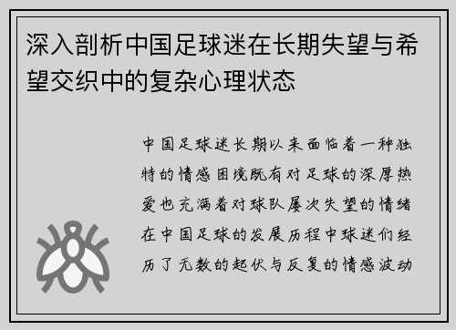 深入剖析中国足球迷在长期失望与希望交织中的复杂心理状态