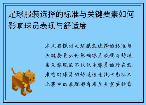 足球服装选择的标准与关键要素如何影响球员表现与舒适度