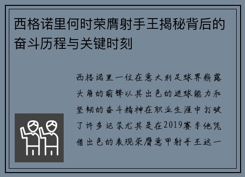 西格诺里何时荣膺射手王揭秘背后的奋斗历程与关键时刻